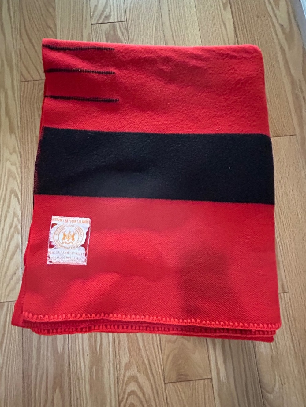 Vintage Hudson’s Bay Company 4 Point Wool Blanket Red Black Stripe 84" x 68"